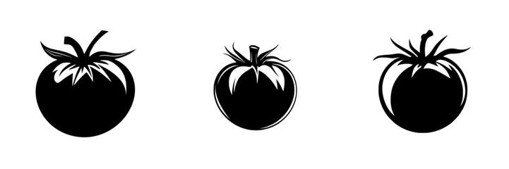 Black icon set representing three varieties of tomatoes on a plain background