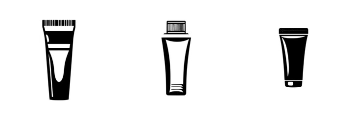 Black icon set of three cosmetic tubes arranged in a row on a clean white background for minimalist design aesthetic