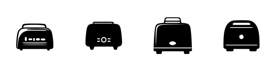 Different angles and styles of flat black toaster icons showcasing modern kitchen appliances for consumer designs