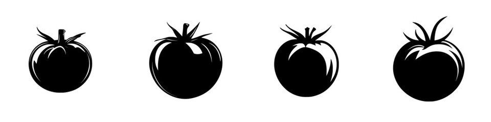 Black icons representing different styles of tomatoes arranged in a row for design and artistic use
