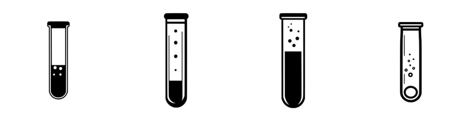 Obraz premium Flat black icon collection featuring laboratory test tubes with varying liquid levels and designs for scientific illustration