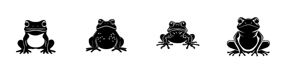 Collection of flat black frog icons illustrating different species and postures in a minimalist design