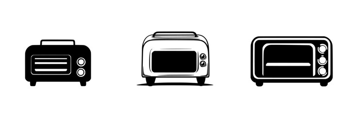 Collection of flat black icons representing various types of toasters and toaster ovens for kitchen design