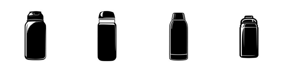 Various black thermos bottle icons designed for a minimalist aesthetic suitable for digital applications, web graphics, and branding projects