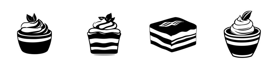Black flat icons of various desserts including cupcakes and layered treats on a white background