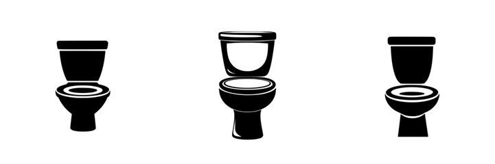 Different styles of flat black toilet icons displayed on a white background illustrating various designs and functionalities