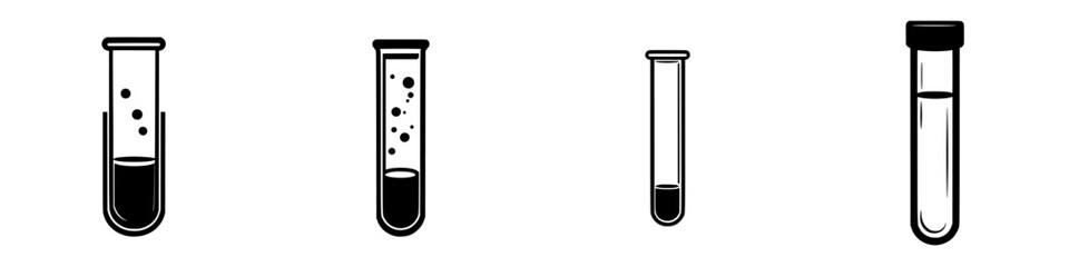 Flat black laboratory test tubes illustrating various states of liquid, suitable for educational materials and scientific presentations