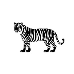 Flat black silhouette of a tiger standing on a plain background, showcasing its majestic form and distinctive stripes