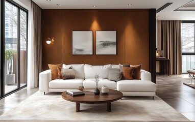 Fototapeta premium Modern apartment living room with white sofa, wooden coffee table, and brown accent wall
