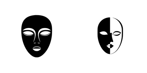 Black flat icons depicting abstract masks showcasing different facial features and designs in a minimalist style