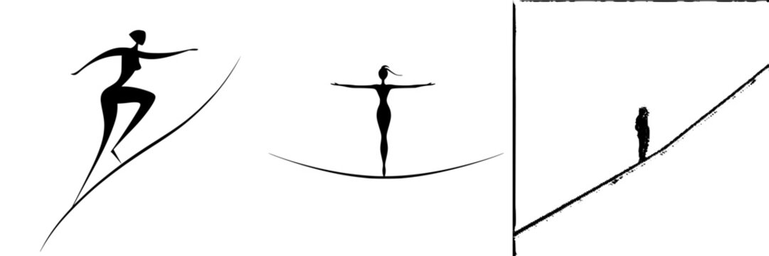 Stylized black icons representing balance in various activities including surfing, tightrope walking, and standing on a slope