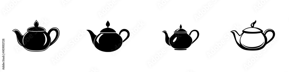 Poster various flat black icons of teapots arranged in a row showcasing different styles and shapes suitabl