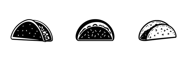 Flat black taco icons in various orientations depicting a popular Mexican dish suitable for menus or digital use