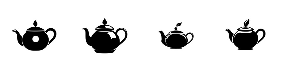 Various flat black teapot icons showcasing different designs and styles in a simple and elegant arrangement