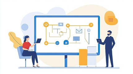 Collaborative workflow diagram on digital whiteboard with professional teamwork