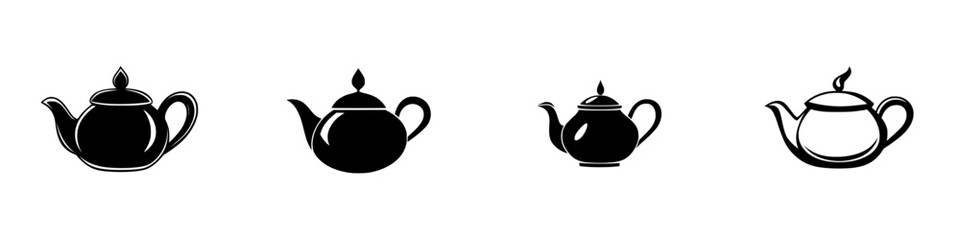 Various flat black icons of teapots arranged in a row showcasing different styles and shapes suitable for design projects