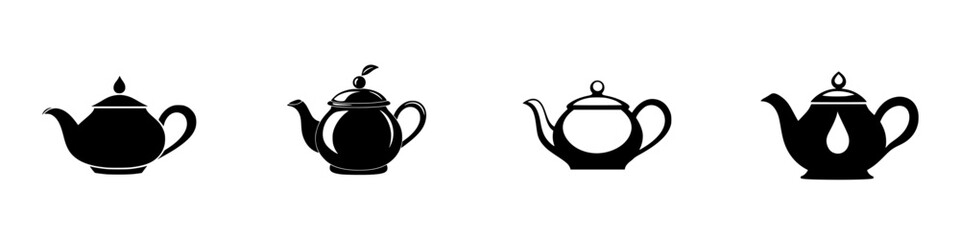 Various flat black teapot icons representing different styles and shapes for design projects