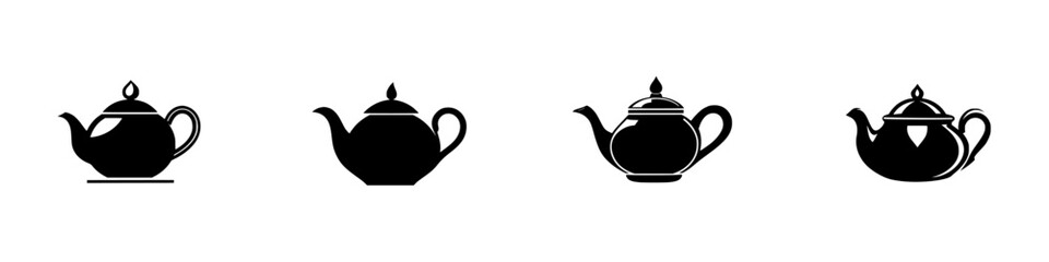 Various flat black teapot icons designed for tea-related themes and culinary applications