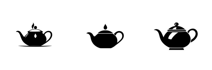 Flat black icons of teapots in varying designs showcasing classic silhouettes for graphic use and design applications