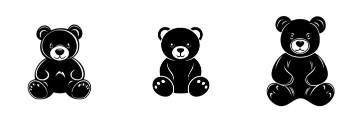 Flat black icons of teddy bears showcasing different poses and expressions in a minimalist design style