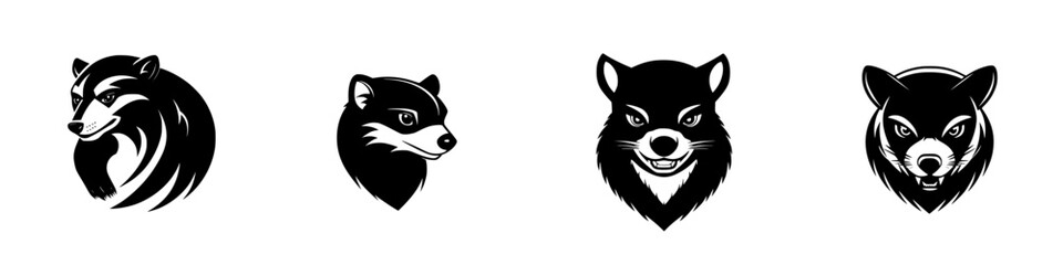 Multiple flat black animal icons showcasing different styles and expressions of wolves and badgers on a white background