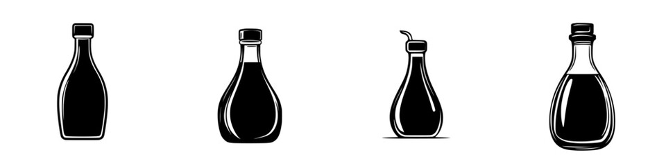 Flat black icons of various bottle shapes representing condiments and sauces for graphic design use