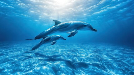 Obraz premium Dolphins leaping, ocean sunlight, underwater scene