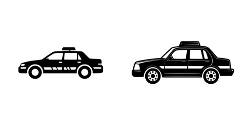 Fototapeta premium Flat black icon representing two different styles of taxi vehicles side by side for transportation themes