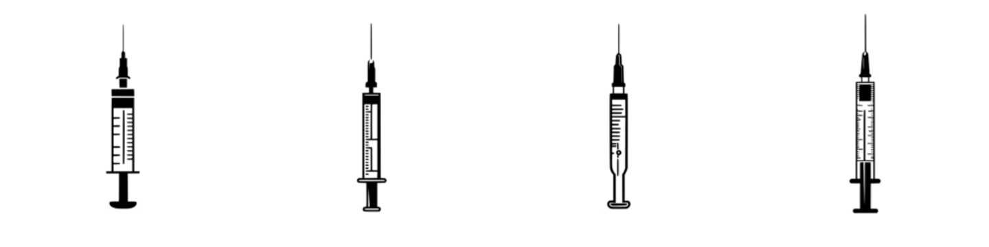 Flat black icons of medical syringes arranged in a line showing various styles for healthcare and medical purposes