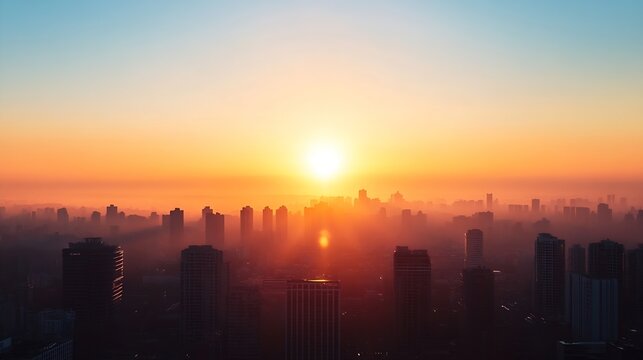 A breathtaking sunrise casts a warm, orange glow over a sprawling cityscape, silhouetting countless skyscrapers against the vibrant sky.  The sun's rays pierce the morning mist, creati : Generative AI