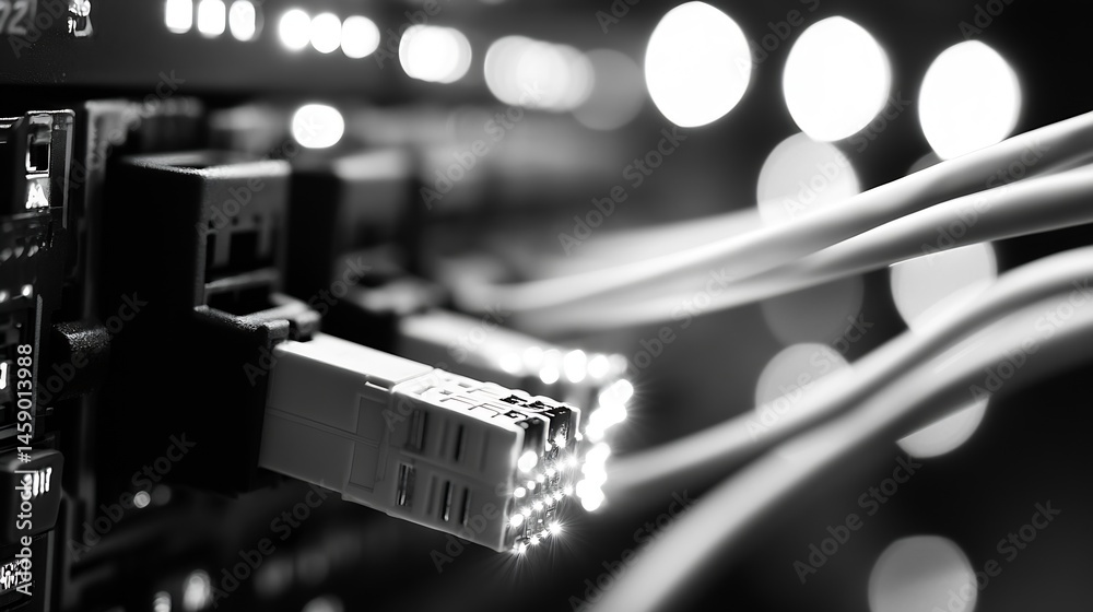Poster close-up of fiber optic cables connected to a server rack, showcasing the intricate details of the c