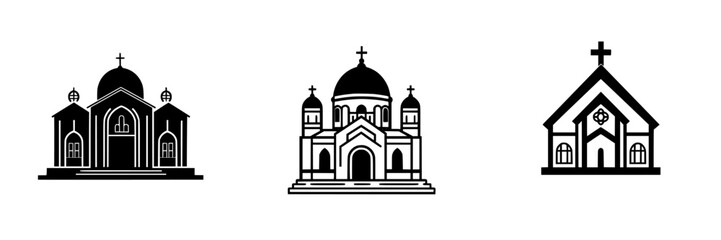 Flat black icons representing various styles of churches and religious buildings in minimalist design