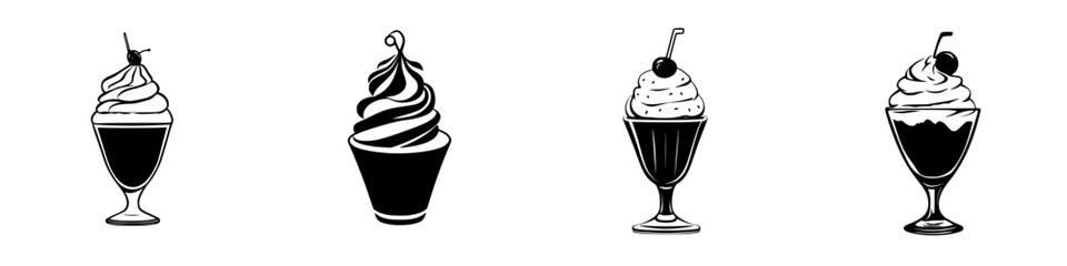 Delicious flat black icons of various ice cream desserts including soft serve and sundaes