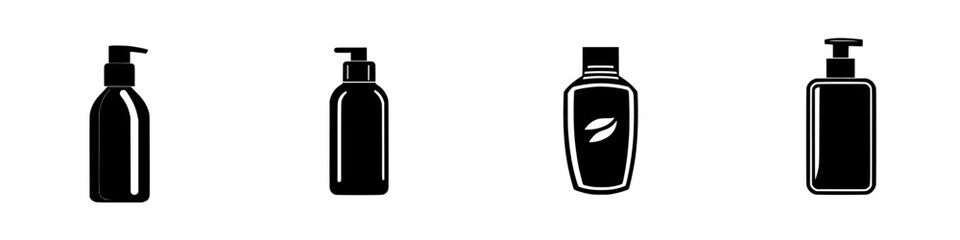 Black icon collection of various bottles for cosmetics or personal care products displayed against a plain backdrop