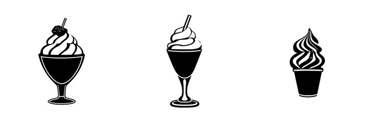 Flat black icons of different types of ice cream desserts in simple outline style