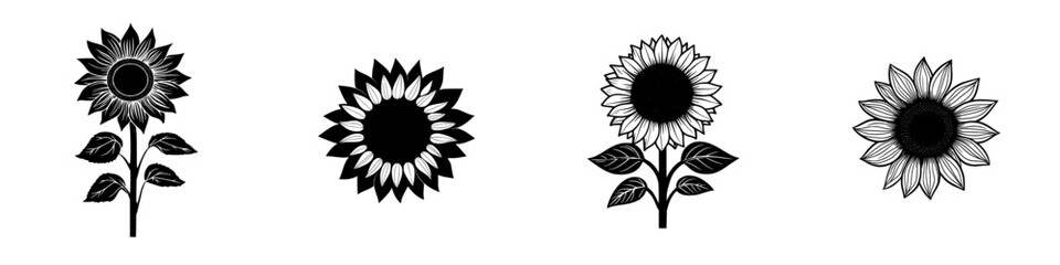 Black flat icons of four different sunflower designs showcasing various styles and shapes for artistic use