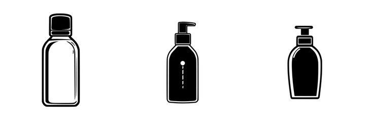 Black flat icons representing various types of bottles designed for personal care products and cosmetics