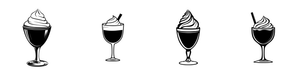 Four flat black icons of desserts showcasing various styles and presentations, with soft serve and elegant glassware