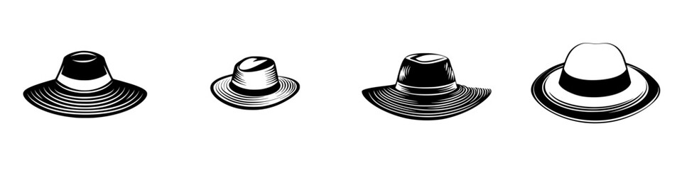 Variety of flat black hats displayed in a row showcasing different styles and sizes for sun protection and fashion