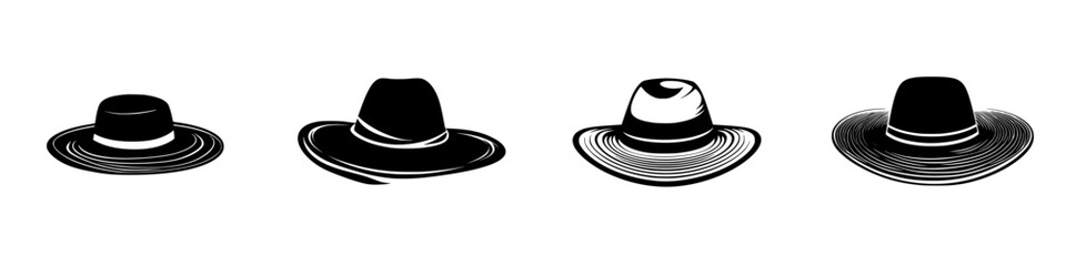 Black icon collection of distinct hat designs showcasing various styles and shapes