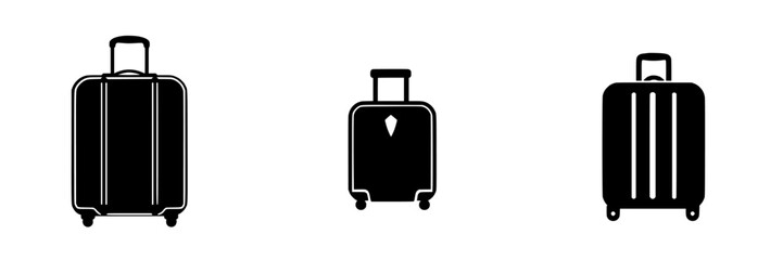 Collection of flat black suitcase icons representing travel essentials with various designs and styles for travel planning and luggage design