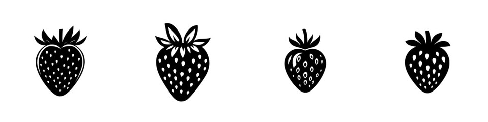 Flat black icons of strawberries in various styles suitable for digital design projects or branding