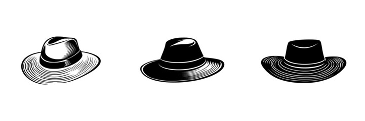 Collection of three flat black hat icons showcasing different styles suitable for various outdoor activities and fashion preferences