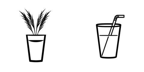 Flat black icons depicting a plant in a pot and a drink with a straw on a simple background