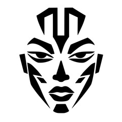 Stylized black icon of a face with abstract features, emphasizing geometric designs and sharp lines