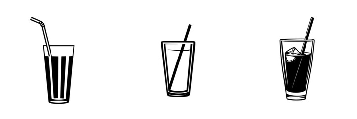 Different glass designs featuring drinks with straws in a flat black icon style