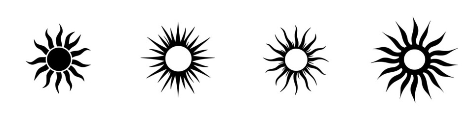 Flat black sun icons representing various styles and designs in a minimalist aesthetic for creative projects and applications