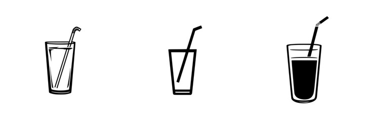 Collection of flat black icons illustrating various styles of drinks in glasses with straws for graphic design purposes