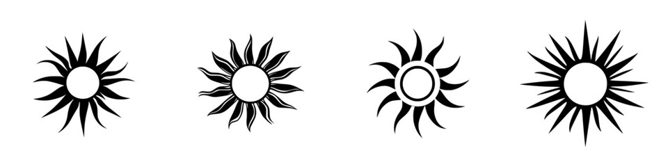 Black sun icons featuring various stylized designs perfect for graphic use in various contexts
