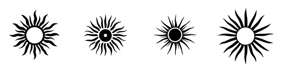 Various flat black sun icon designs with different styles and inner shapes displayed horizontally